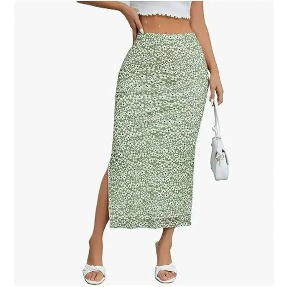 Milumia Women's Floral Print High Waist Skirt High Side Split Boho Small green - Picture 1 of 10